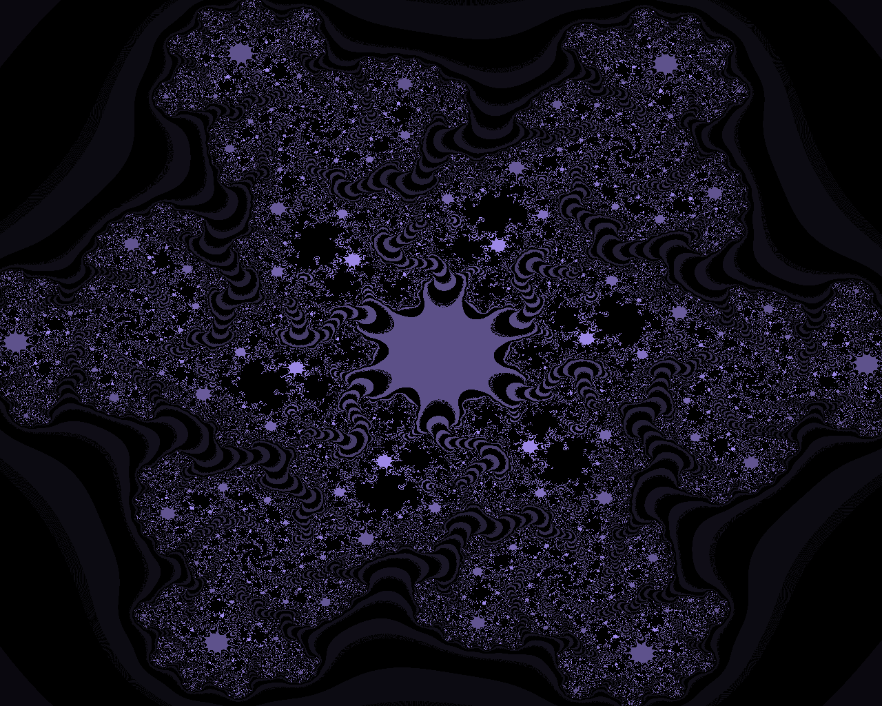 A purple and black gractal. In the center there is a prominent structure with striped tendrils branching to the sides of the image. It is chaotic but symmetrical. A purple and black gractal. In the center there is a prominent structure with striped tendrils branching to the sides of the image. It is chaotic but symmetrical.
