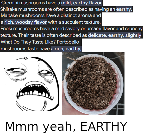 A collage with several descriptions of different types of mushrooms generally describing them as "earthy". The "oh sweet jesus" meme face is facing a cup of literal dirt with a caption saying "Mmm yeah, EARTHY"