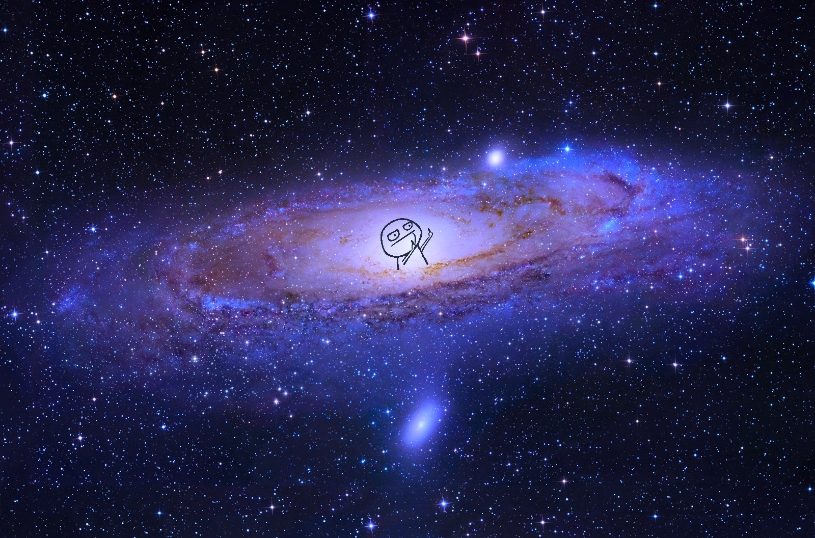 A picutre of a galaxy is shown with a memeface in the center of the galaxy giving the finger