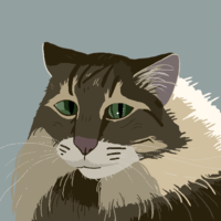 A minimalistic painting of a cat. It is primarily brown, beige and cream colored. It's green eyes are starying at the camera. 