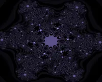 A purple and black gractal. In the center there is a prominent structure with striped tendrils branching to the sides of the image. It is chaotic but symmetrical.