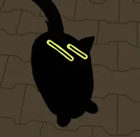 An image of a pure black cat with eyes that smear diagonally and surealy