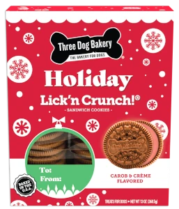 Image of a box of Three Dog Baker Holiday Lick'n Crunch